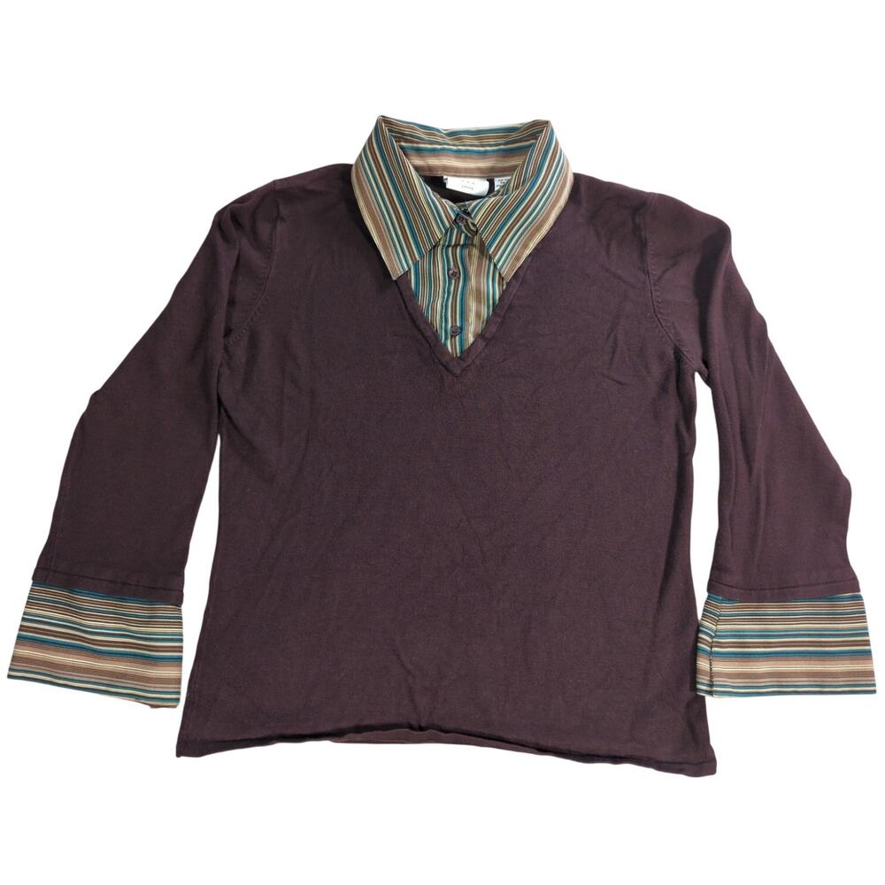 Covington Petite M Layered Look Top Brown Striped Collar Cuffs V Neck Rayon